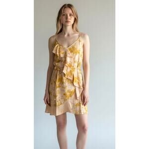 Self Contrast Linen Blend Floral Ruffle Wrap Dress Yellow L NWT